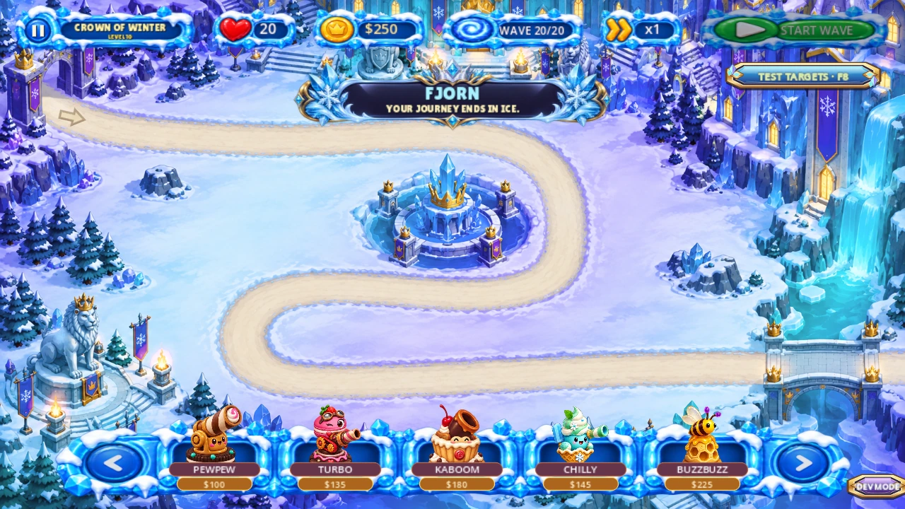 Actual Ice World gameplay showing the Fjorn boss introduction and tower bar