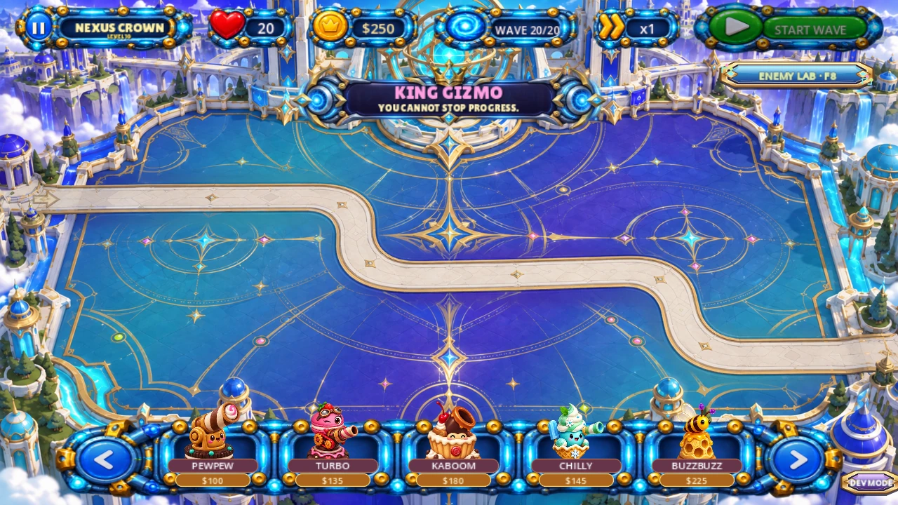 Actual Tech World gameplay showing the King Gizmo boss introduction and tower bar