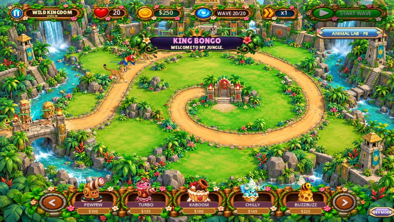 Actual Wild World gameplay showing the King Bongo boss introduction and tower bar